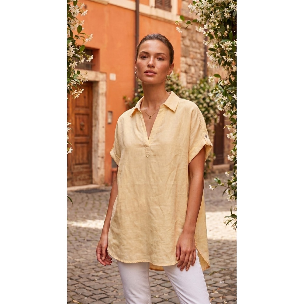 Rachel Zoe Sz S 100% Linen Pale Yellow Oversized Collared Tunic Preppy Resort